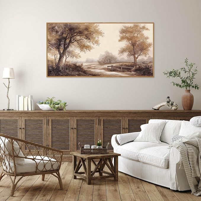 Rantodecor Vintage Landscape Framed Canvas Wall Art, Rustic Tree Sketch Wall Decor, Large Claming Nature Forest Art Paintings, Modern Relax Farmhouse Artwork for Bedroom Living Room 40"x20"
