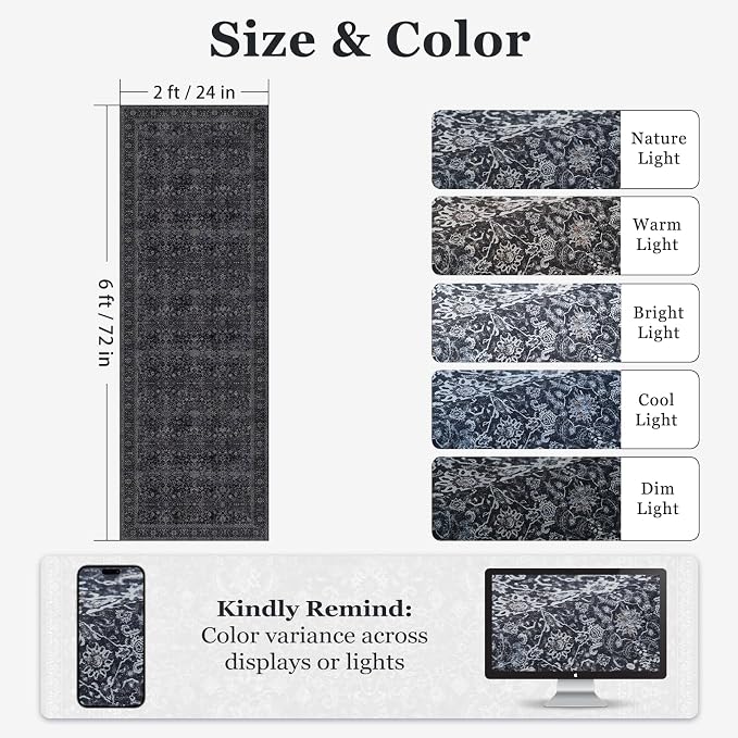 Dark 2x6 Runner Rug for Hallways Entryway, Vintage Earth Tone Kitchen Bathroom Runner 6ft, Non Slip Washable Low Pile Thin Carpet Runner for Mudroom/Laundry Room/Bedroom Bedside, Midnight