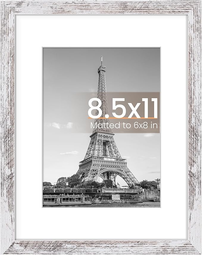 upsimples 8.5 By 11 Picture Frame, Display Pictures 6x8 with Mat or 8.5 x 11 Without, Wall Hanging Photo Frames, Rustic White, 1 Pack