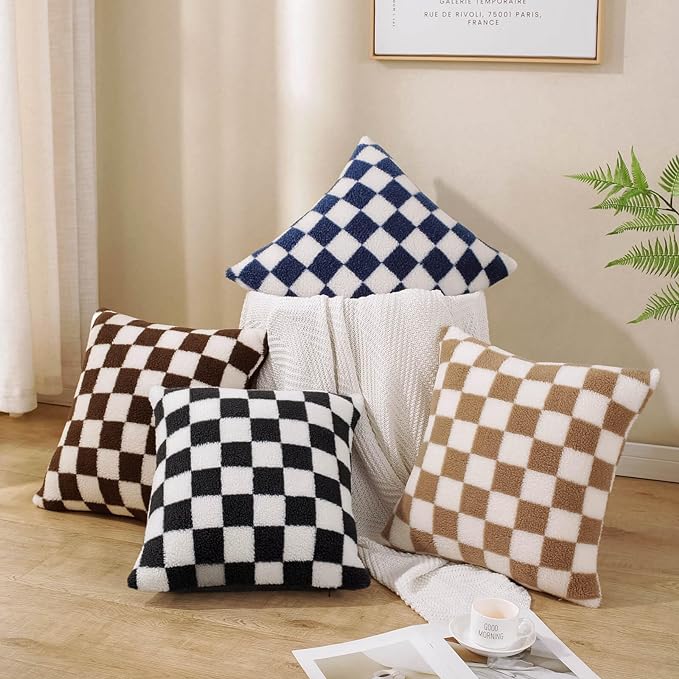 AmHoo Pack of 2 Decorative Throw Pillow Covers Checkerboard Luxury Super Soft Faux Fur Wool Set Case Cushion for Couch Sofa Bedroom 18 x 18-Inch Black
