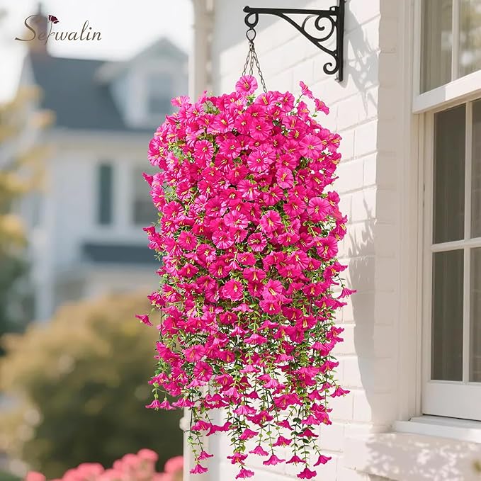 Serwalin Artificial Hanging Flowers for Outdoors Decoration, 8PCS UV Realistic Resistant Fake Silk Artificial Outdoor Plants for Porch Patio Balcony Indoor Planter Garden Yard Decor (Hot Pink,8PCS)