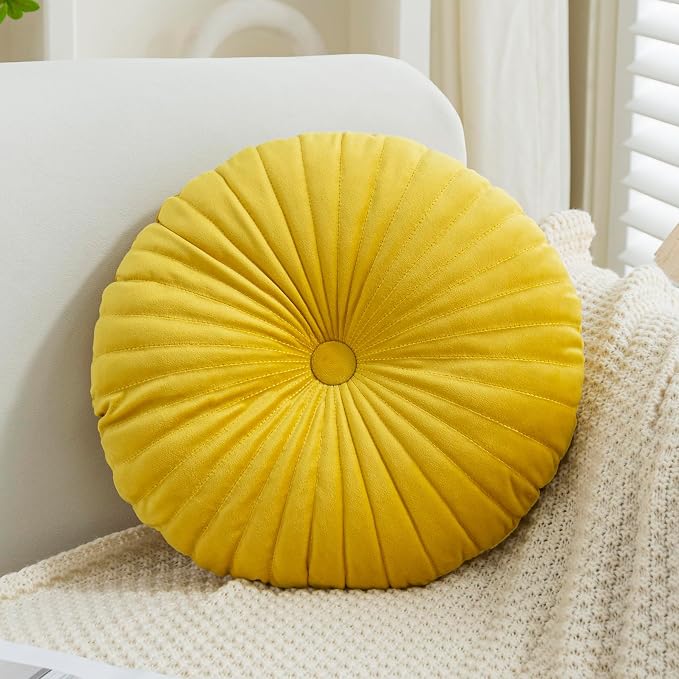 Teieas Velvet Round Throw Pillow Pleated Round Pillow Cushion Decoration for Couch Chair Bed Car Yellow