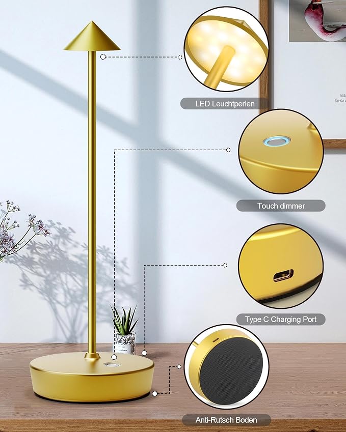 Cordless Table Lamps Rechargeable, 6000mAh Battery Operated LED Desk Lamp Outdoor Waterproof Portable Touch Dimmable Table Light for Patio Restaurant Dining Home Set of 2 Brass