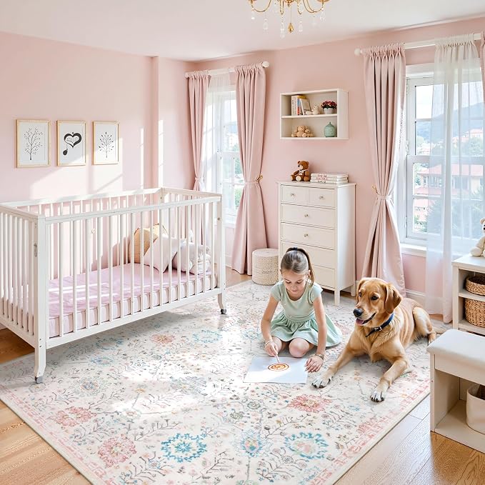 Lahome Flavie Classroom Rug 8x10, Soft Washable Rug for Dorm Room, Non Slip Low Pile Boho Floral Carpet for Bedroom, Playroom, Nursery, Kids Room and Classroom Decor, Beige