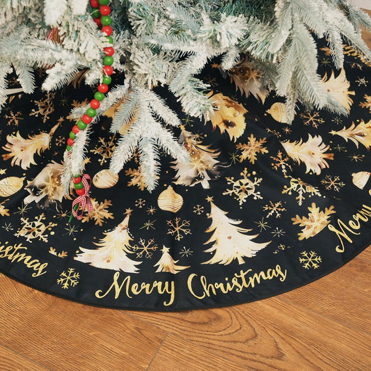 CROWNED BEAUTY Merry Christmas Tree Skirt Collar 48 Inch Xmas Trees Snowflakes Soft Farmhouse Holiday Decoration (Gold & Black) TS26