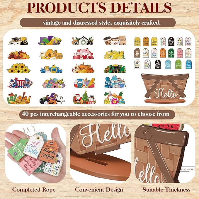 42 Pcs Small Interchangeable Flower Basket Memorial Day Decor Holiday Seasonal Sign Wood Rustic Farmhouse DIY Hanging Drop July 4th Home Office Desk Accessories Tiered Tray Decoration Gift