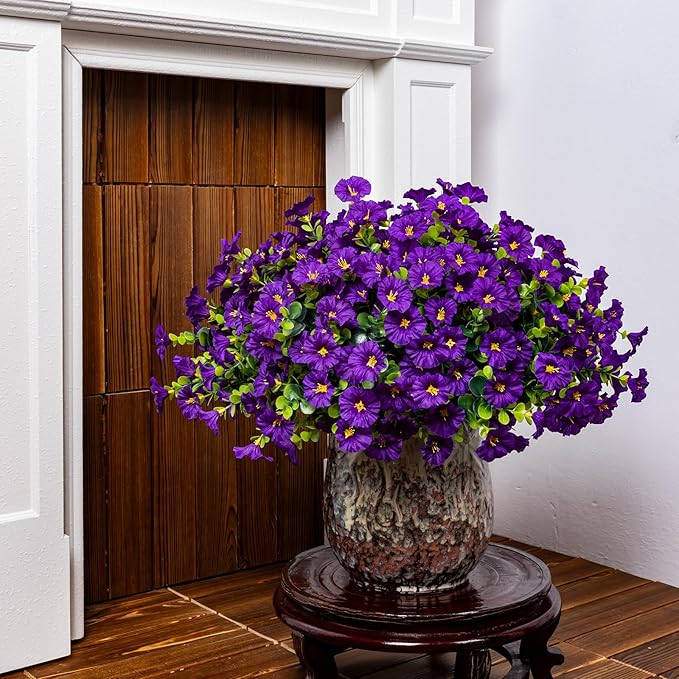 Nigirior Artificial Faux Flowers for Outdoor 16 Bundles Boxwood Fake Morning Glory for Planter,UV Resistant Fake Flowers for Home Porch Patio Outside（Purple）