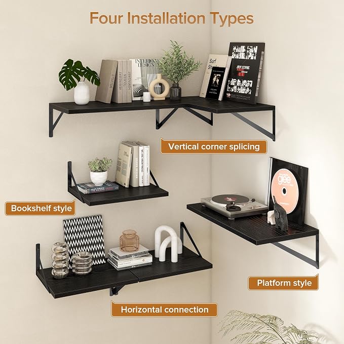 Acovy Deep Floating Shelves Wall Mounted, 12"x12" Black Wall Shelves with Brackets Set of 2 for Bedroom, Living Room, Bathroom, Kitchen, Office - Storage & Display Shelf for Decor, Books, Plants