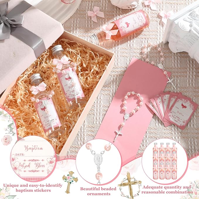 FillTouch 12 Sets Catholic Holy Water Bottle Baptism Rosary Set Baptism Favors 1.7oz Christian Water Container Empty Glass Holy Water Bottle for Easter Party Church Wedding Table Newborn (Pink)