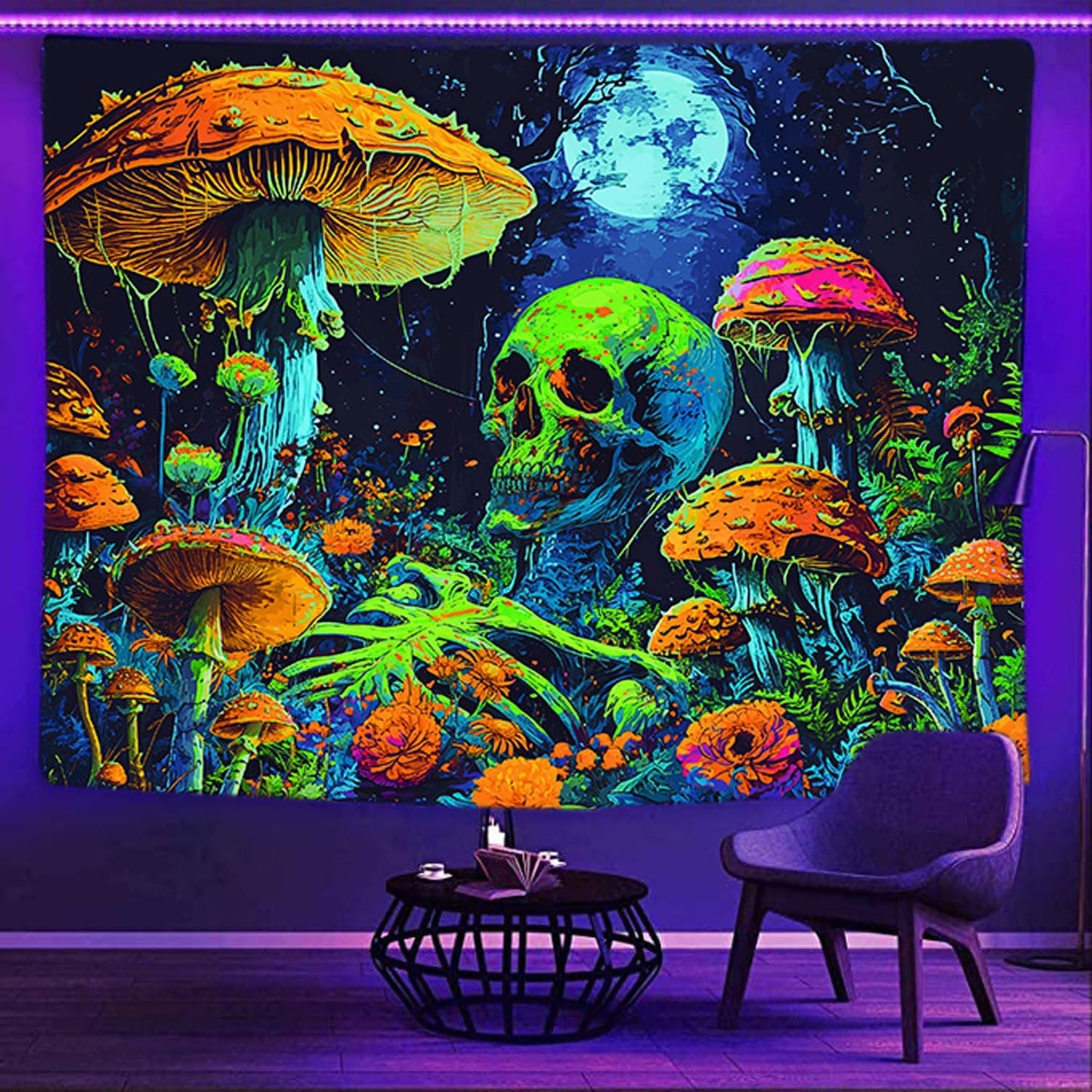 Xiaoput Blacklight Skull Wall Art, UV Reactive Neon Gothic Tapestry for Men, Glow in Dark Trippy Forest Wall Hanging for Home Decor, 80x60IN