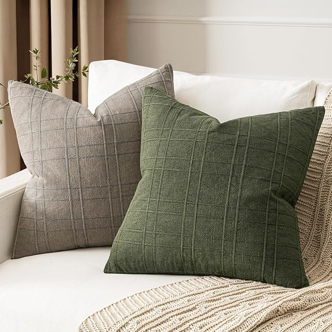 MIULEE Decorative Linen Check Throw Pillow Covers Neutral Farmhouse Vintage Spring Pillow Covers 18x18 Set of 2 Boho Modern Home Decor for Sofa Couch Bedroom Cushion Dark Olive Green