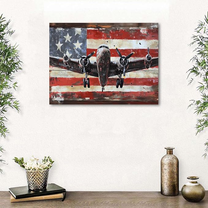 Vintage Airplane Wall Art USA Flag Aviation Pictures for Living Room Rustic Plane Posters Canvas Prints Bedroom Decor Modern Contemporary Aircraft Painting Artwork Mens Office Home Decorations 12x16"