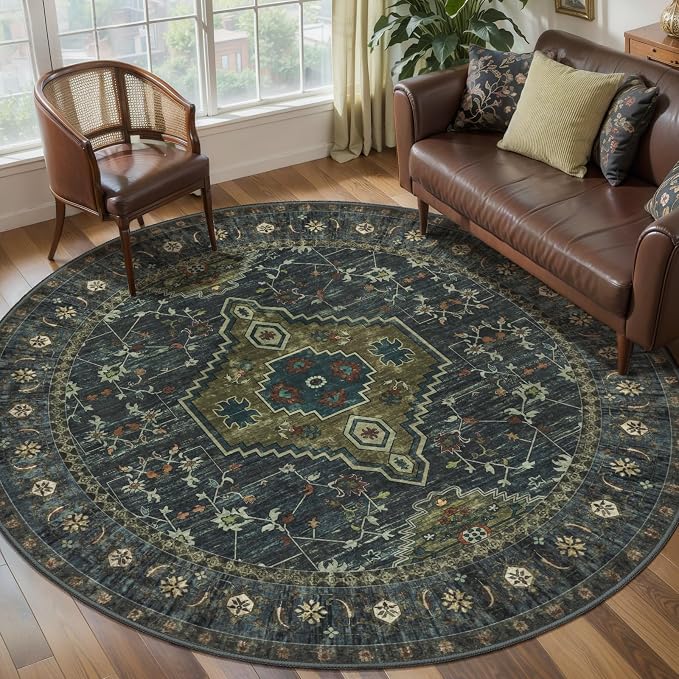 Tangsoo Green Round Rugs 5ft, Washable Circle Rug, Non Slip Boho Round Area Rug, Vintage Low Pile Circular Rugs, Round Carpet for Bedroom Living Room Nursery Dorm Office Olive Green