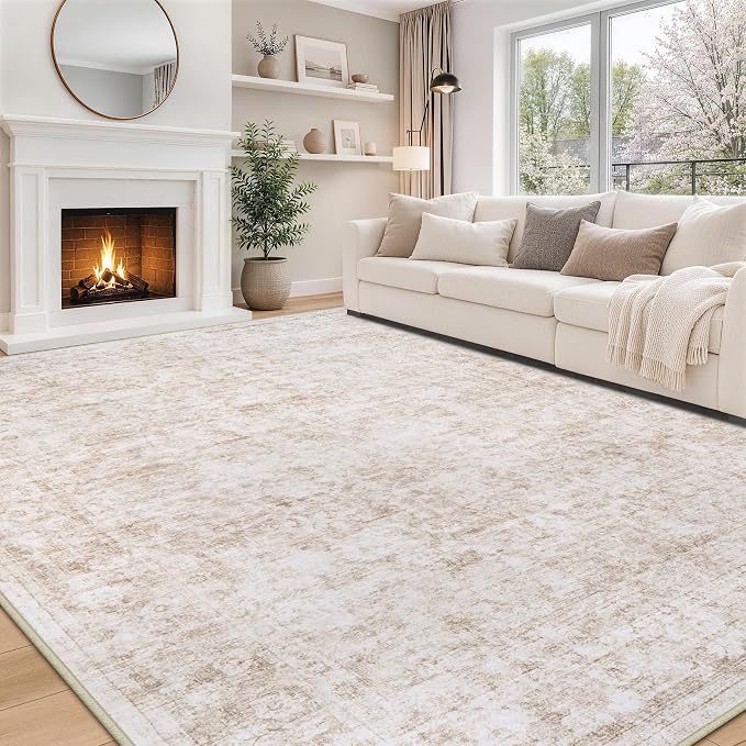 9x12 Area Rugs for Living Room Rug Washable: Modern Large Rug for Dining Room Bedroom Carpet Non Slip 9 by 12 Indoor Abstract Nursery Home Office Beige White