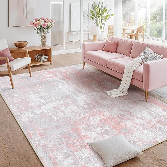 RELEANY Washable Area Rugs 6'x8' Non-Slip Modern Abstract Soft for Living Room Entryway Bedroom Nursery, Print Pattern, Grey Pink