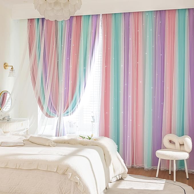 Extra Wide Curtains 84 Inches Long 100 Inch Wide for Girls Bedroom Patio Sliding Door Kids Blackout Curtains for Nursery Room Darkening Rainbow Princess Unicorn Wall 1 Panel 100x84 Pink Purple Green