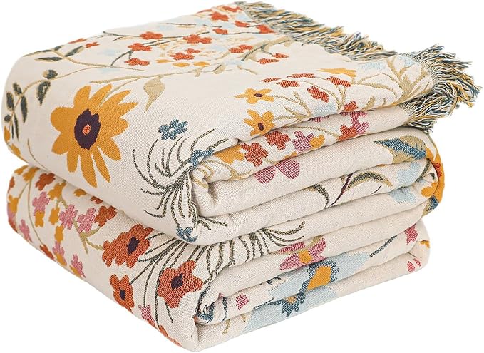 Throw Blanket for Bed,100% Cotton Boho Soft Rustic Muslin Quilt,Summer Reversible Woven Breathable Bedspread,All Season Blankets for Bedding Couch Home Decor,Colorful Floral 90"×98"