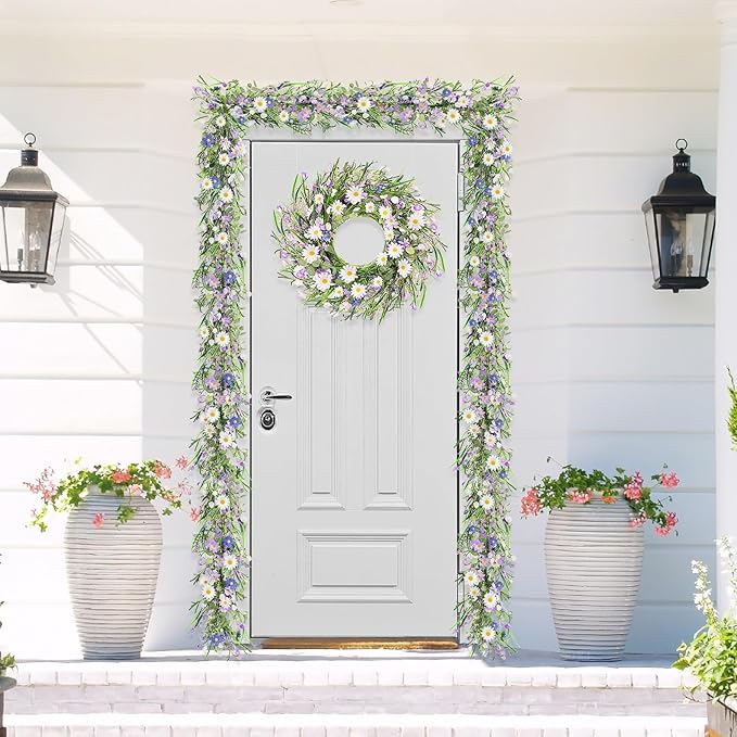 2PCS 6ft Spring/Summer Daisy Garland with Flowers, Faux Daisy and Lavender Flower Garland Artificial with Floral Lanvender for Baby Shower Wedding Mantle Fireplace Table Centerpiece Decor