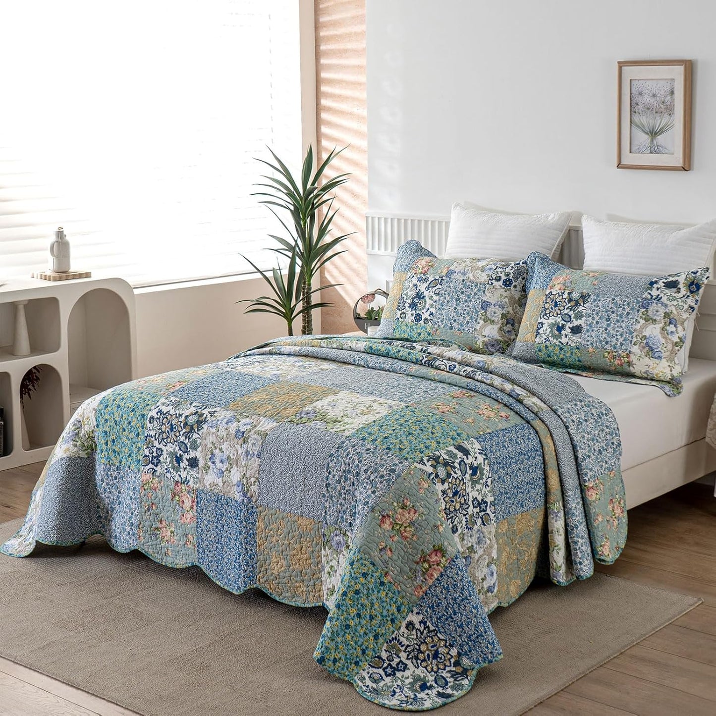 YAYIDAY Quilts Queen Size Patchwork Bedspread Set - 100% Cotton Reversible Breathable Floral Quilted Quilt with Pillow Shams Fit All Season