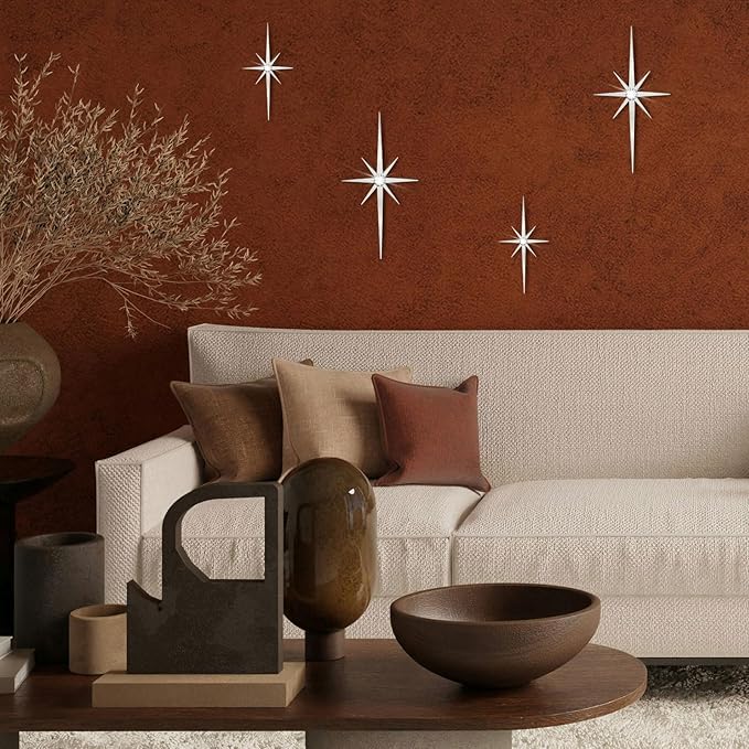 4 Pack Metal Star Wall Art 8 Pointed Starburst Wall Decor Set with 2 Large & 2 Small Pieces Mid Century Celestial Metal Wall Sculpture for Bedroom Living Room Office Gallery Wall