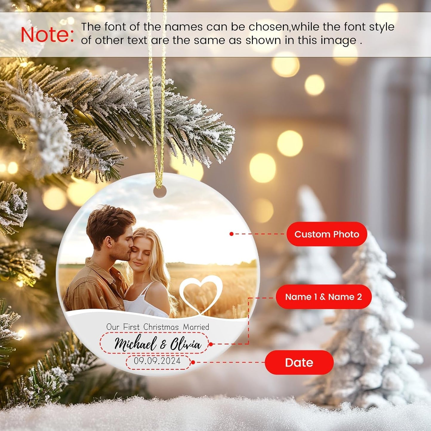 Our First Christmas Married Ornament, Personalized Photo Christmas Ornament 2025 for Newlyweds, Couple Just Married Ornament, Customized Wedding Gifts for Couples Him Her