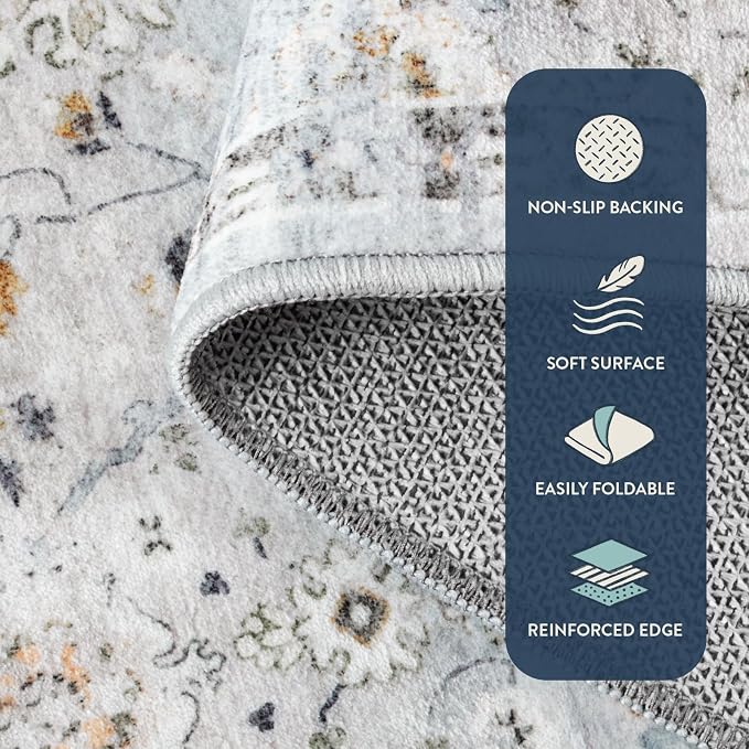 Lahome Flavie Boho Light Blue Area Rug 5x7 for Living Room, Soft Large Floral Rug for Bedroom Aesthetic, Machine Washable Floor Carpet Non Slip Indoor for Home Decor (Blue/Grey)