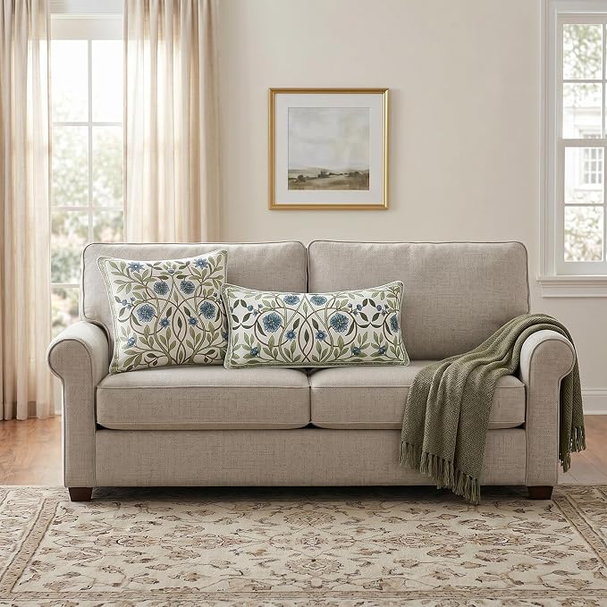 ISAENNE Designer Linen Throw Pillow Cover,Set of 2,20"x12"-Mosella A | French Elegant Rectangle Decor Pillow Cover,Concealed Zipper Design,Floral Pattern,Sofa,Bedroom,Living Room,Lounge Chairs