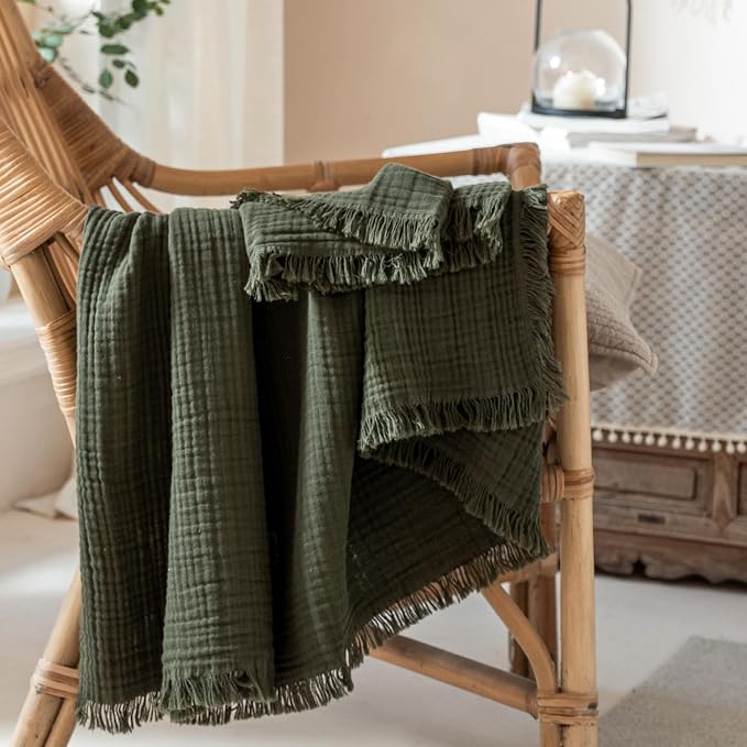 Muslin Fringe Blankets for Adults: 100% Cotton Cloud Soft | 4-Layer Gauze Breathable Lightweight All Season Throw Blanket for Bed Couch Sofa Office