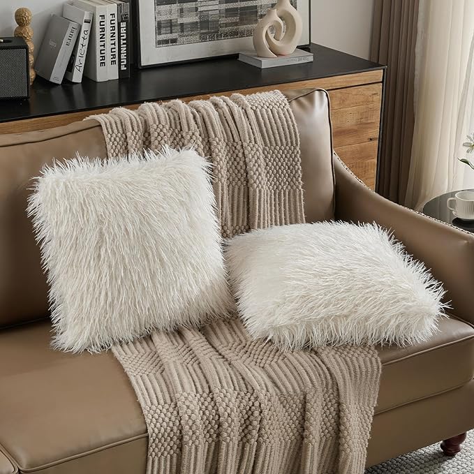 FUTEI Pack of 2 Shaggy Mongolian Faux Wool Throw Pillow Covers 18x18 Inch Soft Decorative Cushion Case for Couch Bed Living Room, Cream White