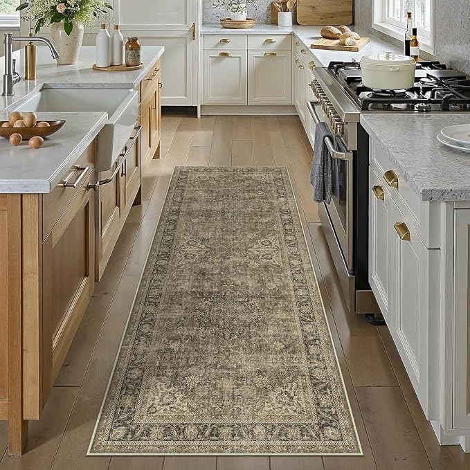 3x7 Washable Runner Rug Brown Vintage Non Slip Soft Low Pile Hallway Kitchen Rug Distressed Oriental Carpet for Laundry Bathroom Bedroom Living Room Home Decor