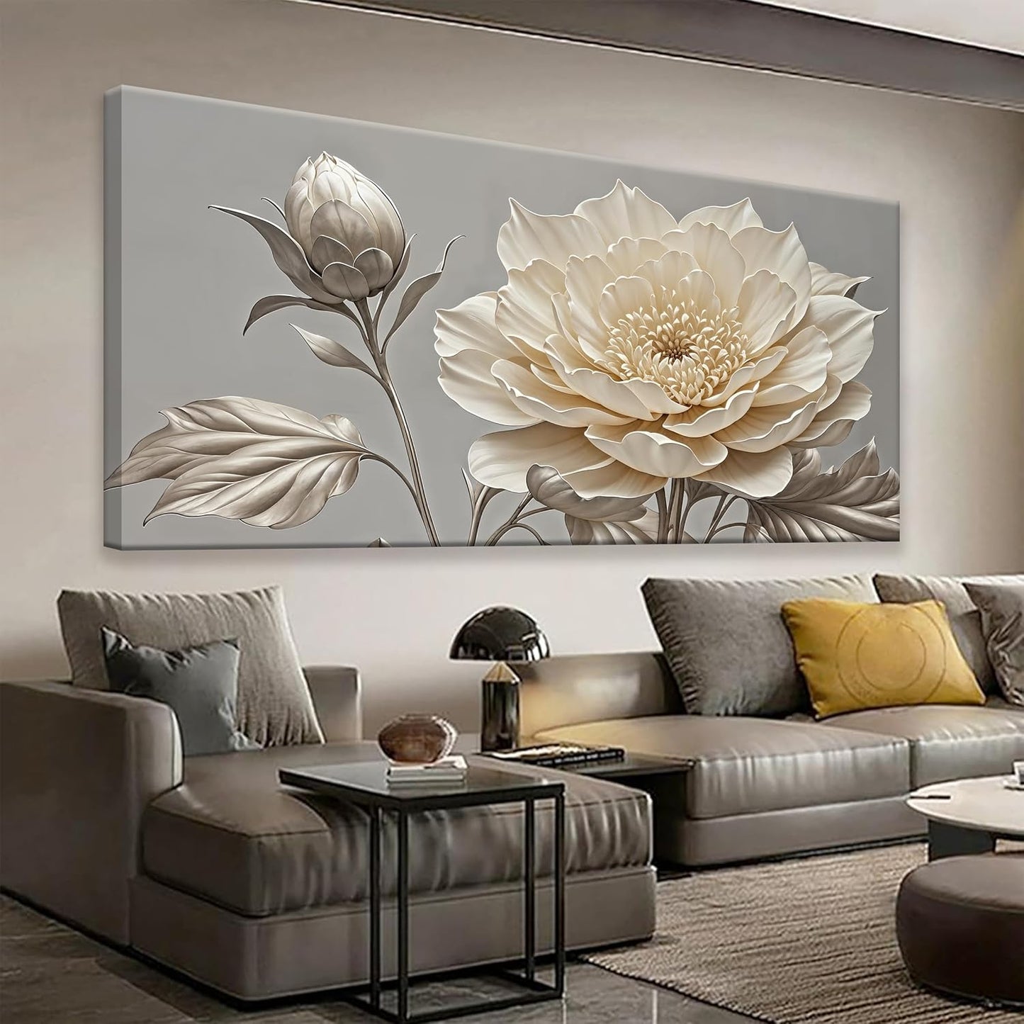 QSQ Large Wall Art Living Room Home Wall Decor Modern Canvas Art Wall Decor 29 X 58 Inches White Flower Wall Art Painting Print Elegant Silver White Flower Picture For Bedroom Office Artwork