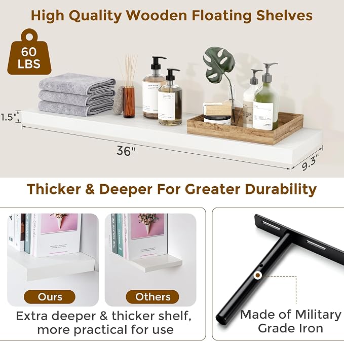 Floating Shelves for Wall, 36 inch White Wall Shelves, 9.3in Deep Bathroom Floating Shelves, Wooden Floating Shelf for Bedroom, Living Room, Kitchen, 36" W x 9.3" D x 1.5" H, 2 Packs