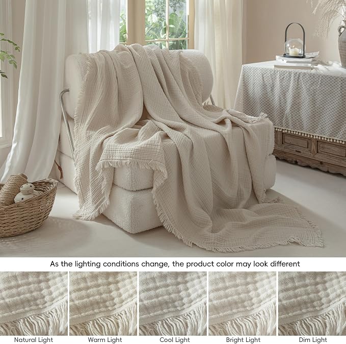 Muslin Fringe Blankets for Adults: 100% Cotton Cloud Soft | 4-Layer Gauze Breathable Lightweight All Season Throw Blanket for Bed Couch Sofa Office