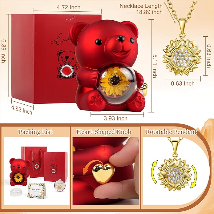 Trinckle Sunflower Necklaces for Women Mothers Day Gifts for Mom or Wife, Teddy Bear Gifts with Preserved Sunflower, Cute Sunflower Gift Box Anniversary Birthday Jewelry for Girlfriend Daughter