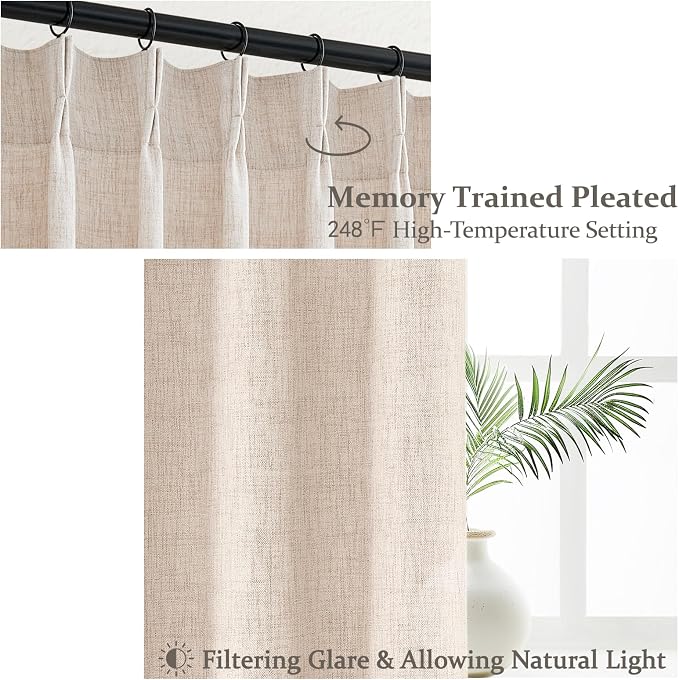 PleatedDrapes Light Filtering Primitive for Living Room, Thick Linen Semi Sheer Curtains 96 Inches Long 2 Panels Set Rustic Country Oatmeal Beige Curtains Patio Door Window Drapes Window Treatments
