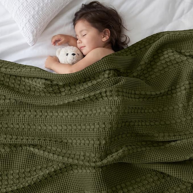 PHF 100% Cotton Waffle Throw Blanket for Couch, Lightweight Breathable and Soft for Summer, Luxury Aesthetic Waffle Weave Blanket for Home Decor & Office, Gifts for Women, 50"x60", Capulet Olive