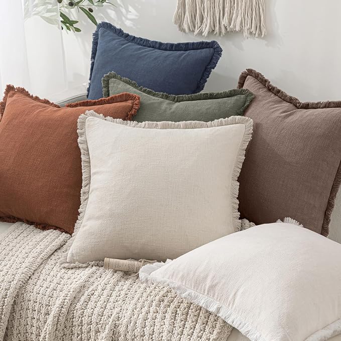 MIULEE Decorative Throw Pillow Covers Neutral Linen Fringe Throw Pillows Set of 2 Malt Ball Boho Farmhouse Cushion Covers with Tassels for Couch Sofa Bed Living Room Fall Decor 20x20 Inch
