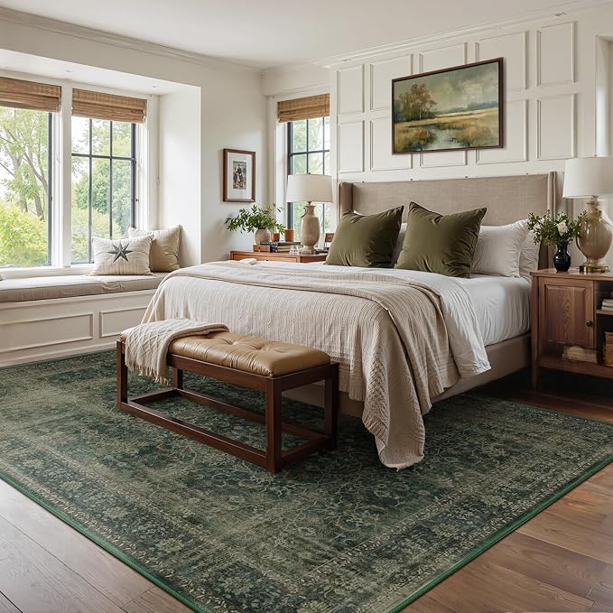 Dark Green 8x10 Rugs for Living Room, Vintage Distressed Large Rug for Bedroom Under Bed, Washable Non Slip Low Pile Moody Earth Tone Carpet Rugs for Dining Room Home Office