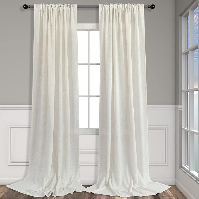 Semi Sheer Linen Curtains 110 Inches Long 2 Panels Set Cream Ivory Living Room Ceiling to Floor Curtains Modern Farmhouse Natural Light Filtering Extra Long Drapes for Large Window 52 x 110 Inch