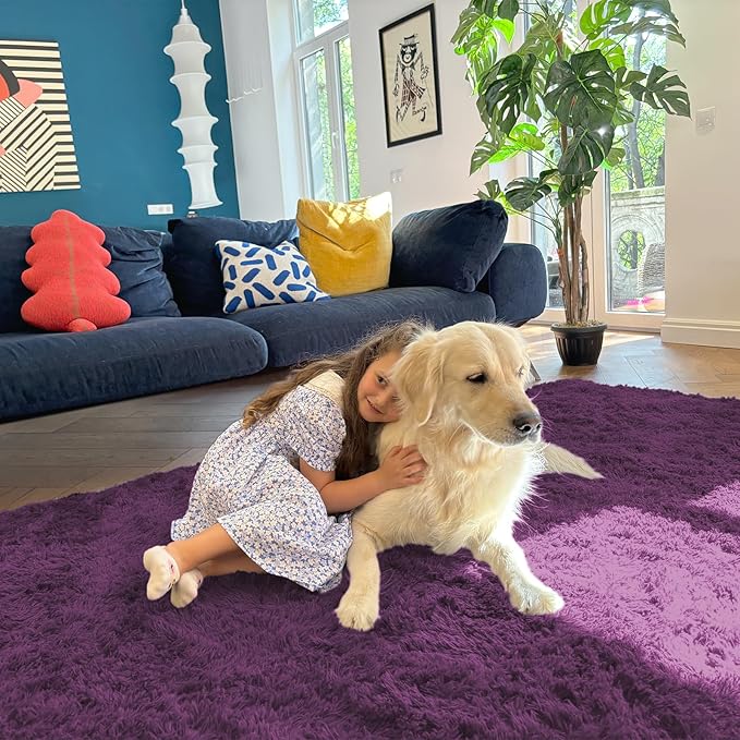 OLANLY 2x6 Machine Washable Runner Rugs for Hallway, Soft Fluffy Shaggy Bedside Rugs for Bedroom, Living Room, Indoor Floor Carpet for Kids Girls and Boys, Home Decor Aesthetic, Dark Purple