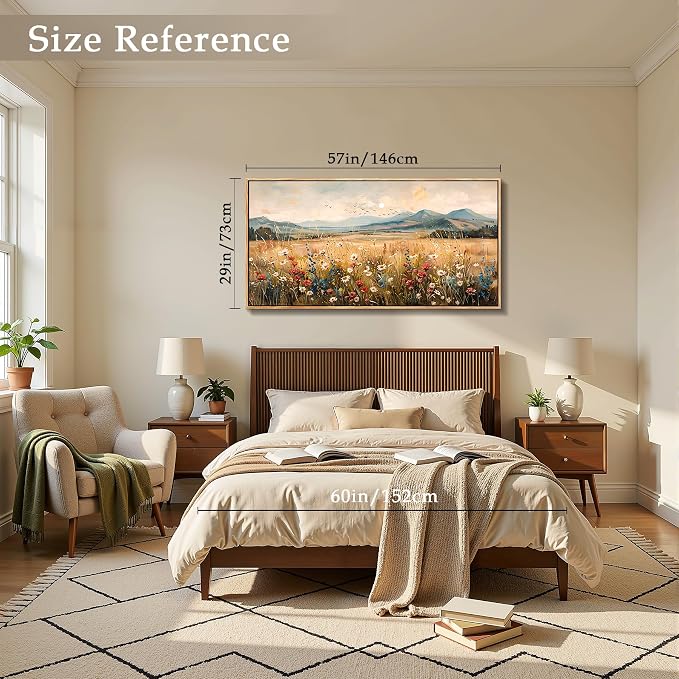 imjiayu Extra Large Wall Art, Landscape Wall Art, Rustic Wall Decor, Country Wildflowers Framed Art Prints, Neutral Oversized Paintings for Living Room Dining Room Farmhouse Home Decoration 29"x57"