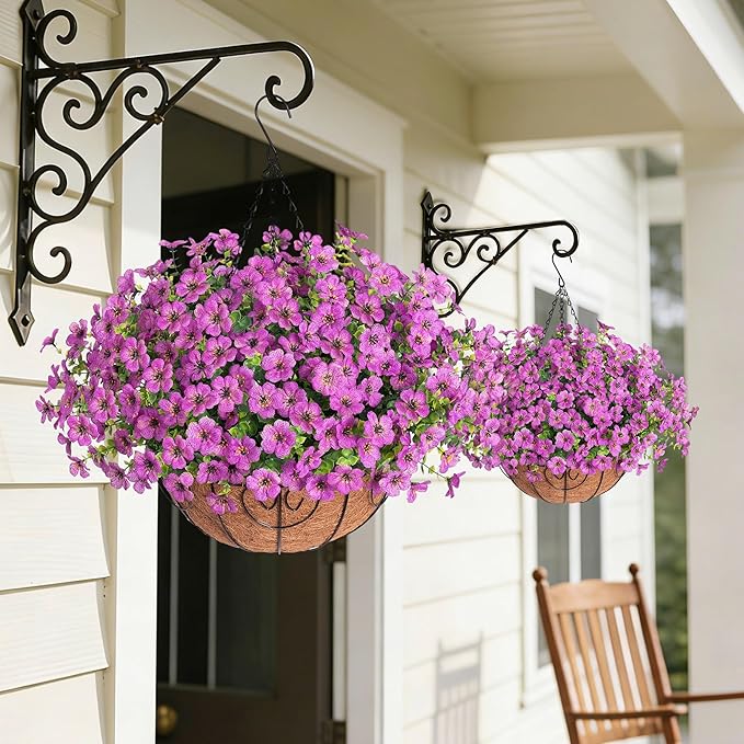 HyeFlora 2 Set Artificial Outdoor Flowers Hanging Basket, Faux Hanging Plants for Outside Spring Decoration, Fake Silk UV Resistant Look Real Daisy for Porch Patio Home Decor