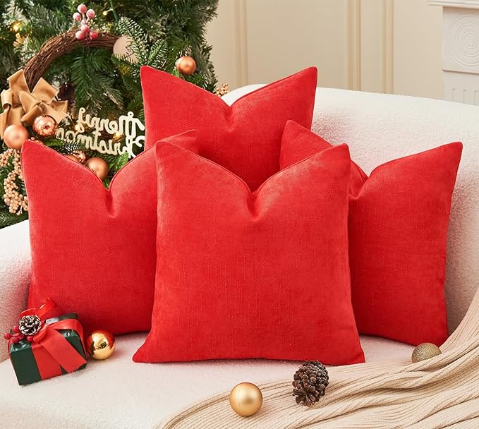 Pack of 4 Christmas Red Pillow Covers 20x20 Inch Chenille Throw Pillow Covers Solid Decorative Soft Xmas Cushion Covers Home Boho Textured Decor for Couch Sofa Bed Living Room