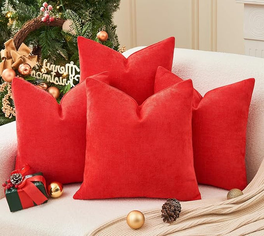 Pack of 4 Christmas Red Pillow Covers 22x22 Inch Chenille Throw Pillow Covers Solid Decorative Soft Xmas Cushion Covers Home Boho Textured Decor for Couch Sofa Bed Living Room