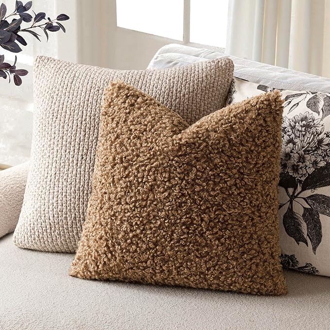 Foindtower 2 Pieces 22x22 Inch Dark Bronze, Faux Fur Throw Pillow Cover Accent Sherpa Furry Pillow Covers Fuzzy Soft Pillowcases Cozy Sheepskin Decorative Fleece Cushion Case for Bed Couch Living Room