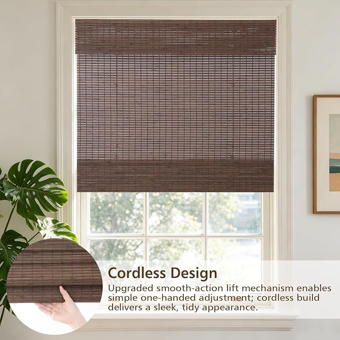 Sunbox Cordless Bamboo Roman Shades, Woven Wood Blinds, Light Filtering Natural Bamboo Shades for Indoor Windows, French Doors, 24" W x 48" H, Sarasota-Cocoa