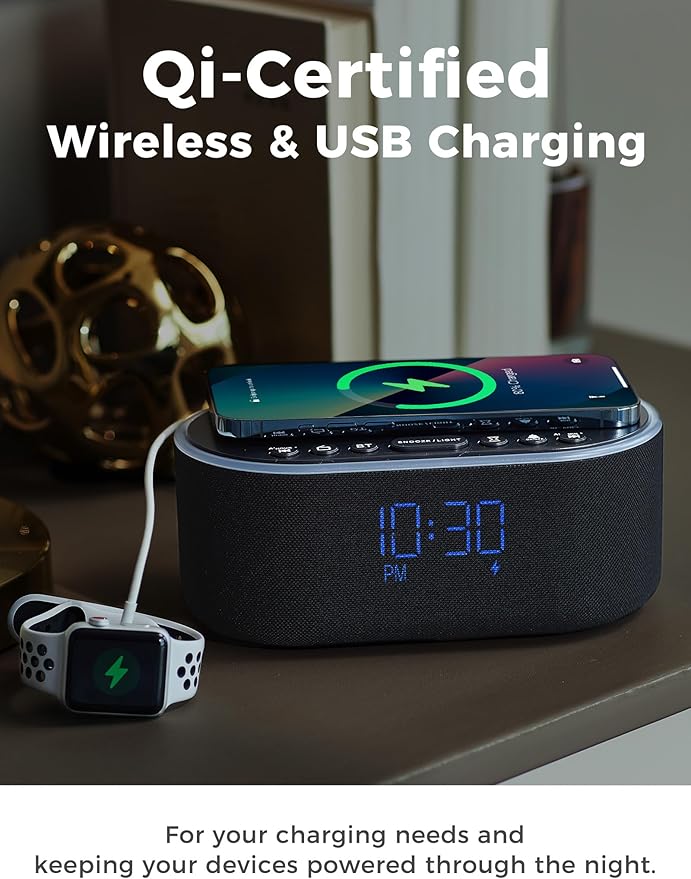 Odokee Wireless Charging Alarm Clock Radio: Qi Certified Fast Wireless Charger for iPhone Samsung - 10W Stereo Bluetooth Speaker - Dimmable Digital Clock with FM Radio for Bedroom Black