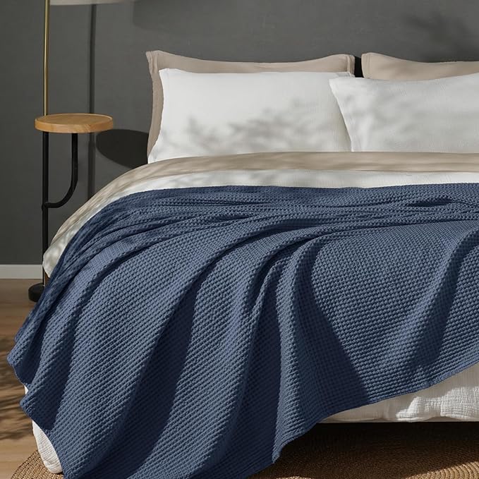PHF Pre-Washed 100% Cotton Waffle Weave Blanket Twin Size for Bed,Snag Proof Throw Blanket for Couch Spring Summer Lightweight Breathable,Machine Washable, Home Decor Gift - Dark Navy