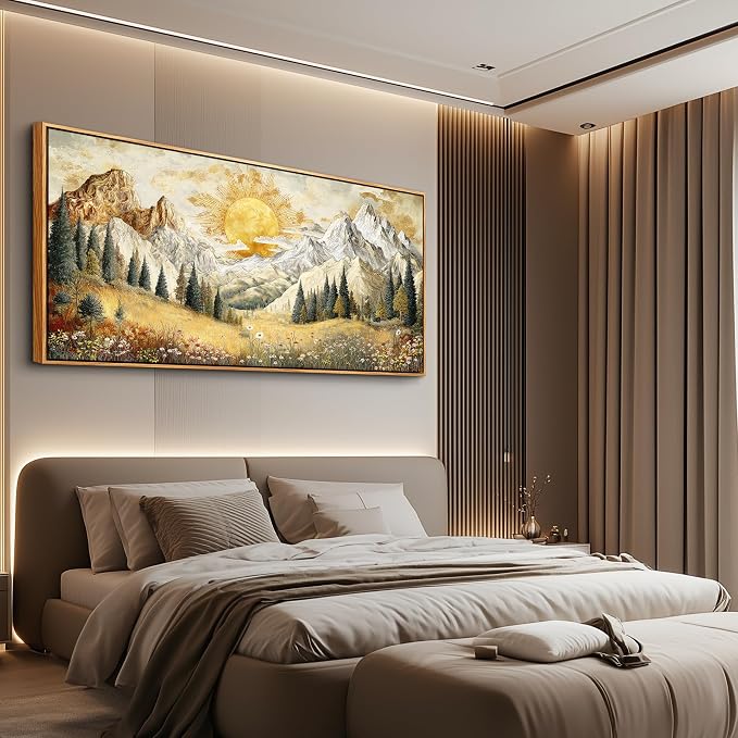 XIGUANGART Mountain Wall Art,Framed Large Canavs Wall Art,Wildflower Forest Art,Modern Farmhouse Decor,Living Room Pictures Paintings,Sunrise Abstract Art,Landscape Bedroom Office Decorations 30x60