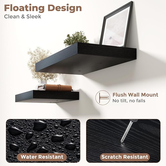 36 Inch Floating Shelves for Wall Set of 2, 12"D Wood Grain Bathroom Shelves with Invisible Brackets, Easy Install Engineered Wood Storage Shelves for Kitchen, Living Room, Bedroom, Black Finish